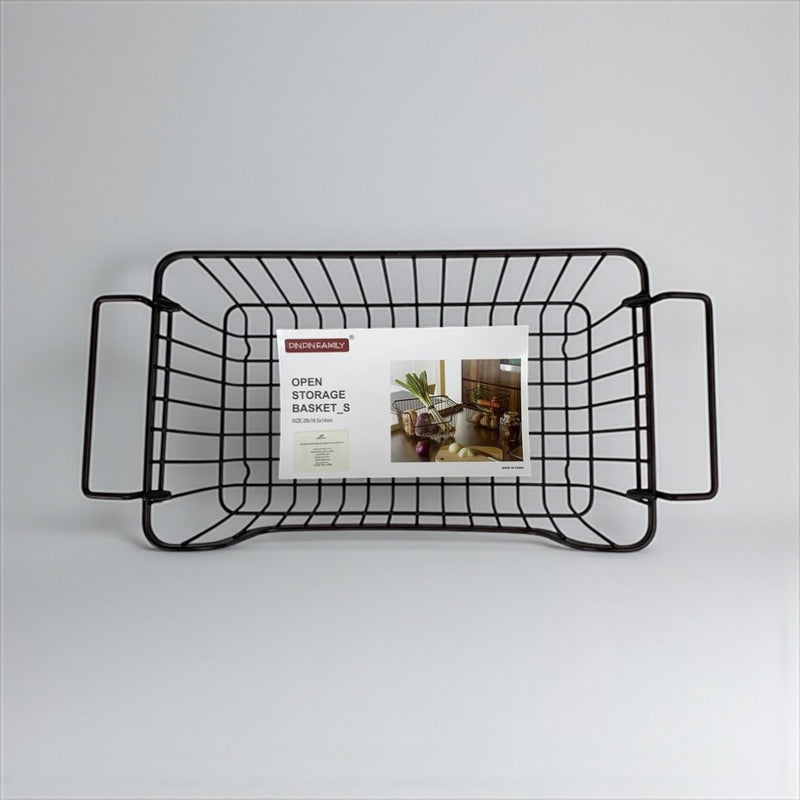 Black wire storage basket with a label on a white background