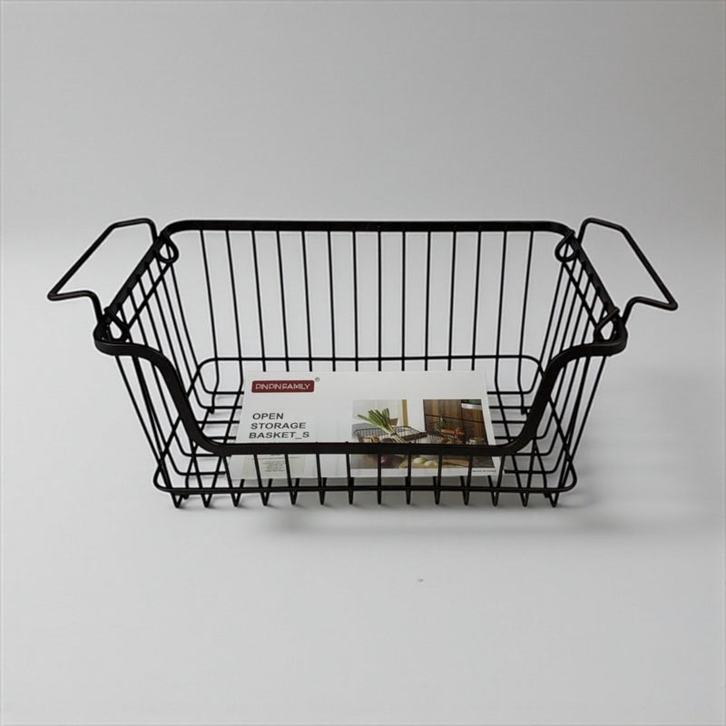 Black wire basket with a product inside on a gray background