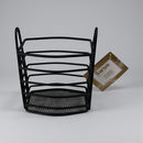 Black metal basket with a 'Sanye' tag on a gray background