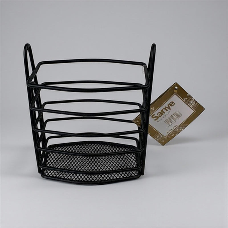 Black metal basket with a 'Sanye' tag on a gray background