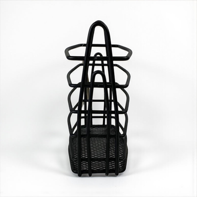 Black woven basket on a white background