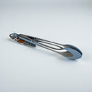 Metallic tongs with blue silicone tips on a light gray background available at cupindy.com