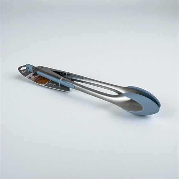Metallic tongs with blue silicone tips on a light gray background available at cupindy.com