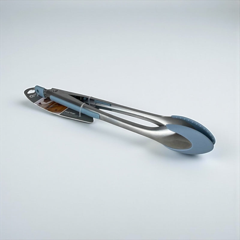 Metallic tongs with blue silicone tips on a light gray background available at cupindy.com