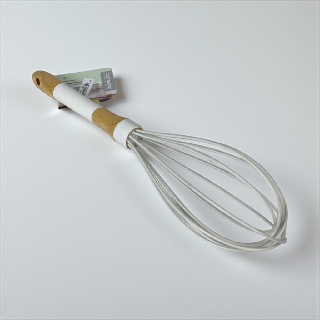 Whisk with wooden handle and white handle on a light gray background available at cupindy.com