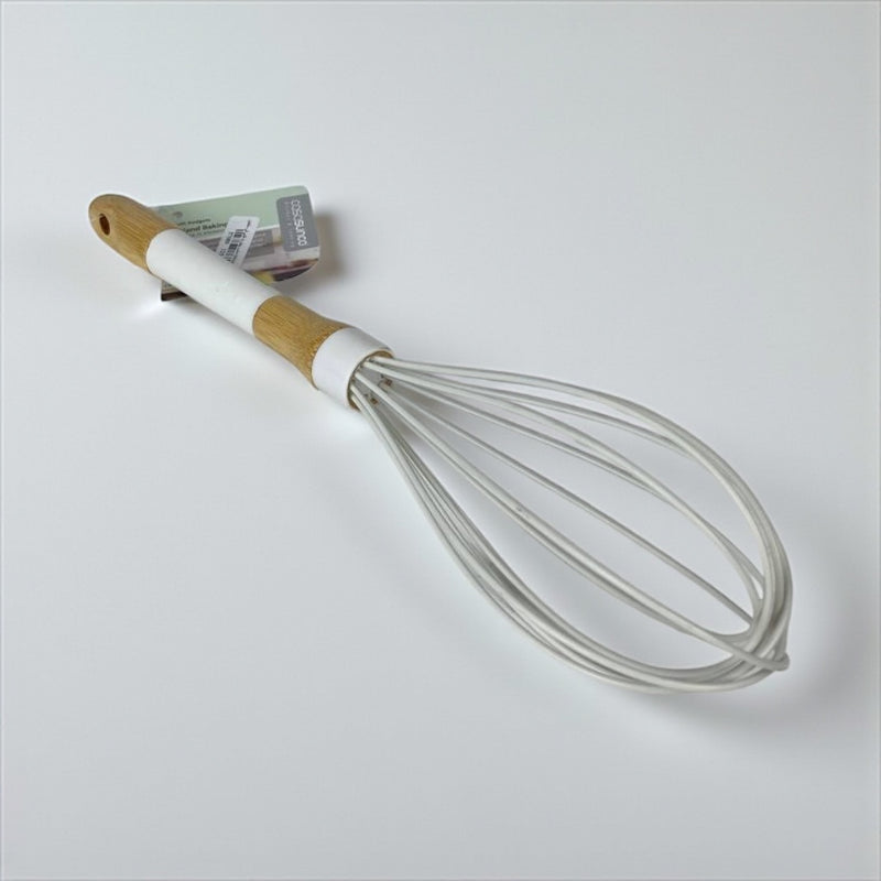 Whisk with wooden handle and white handle on a light gray background available at cupindy.com