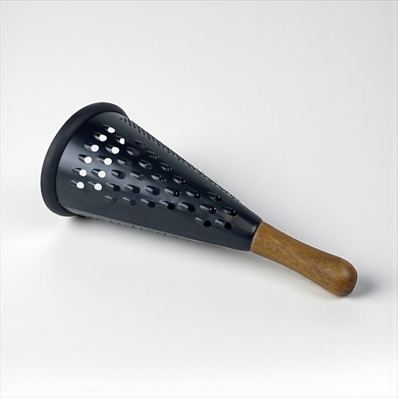 Black perforated tool with a wooden handle on a white background available at cupindy.com