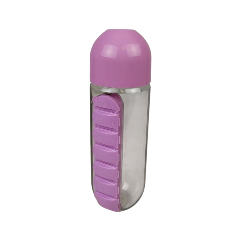 Clear bottle with purple cap and purple compartmentalized side on a white background