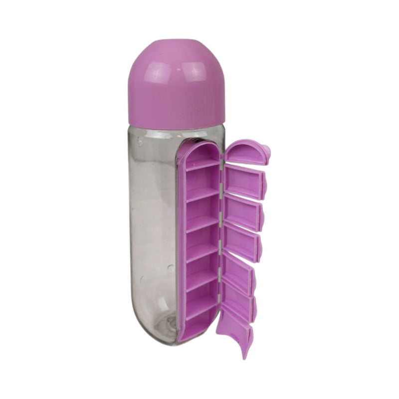 Clear water bottle with pink lid and pink compartmentalized base on a white background