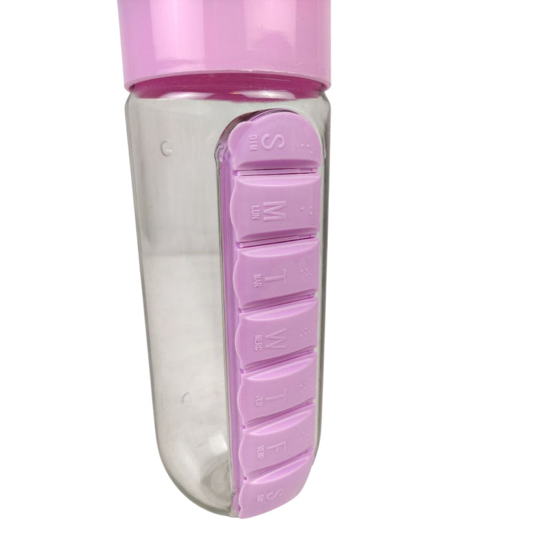 Pink and clear water bottle with measurement markings on a white background