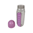 Clear water bottle with purple grip and cap on a white background