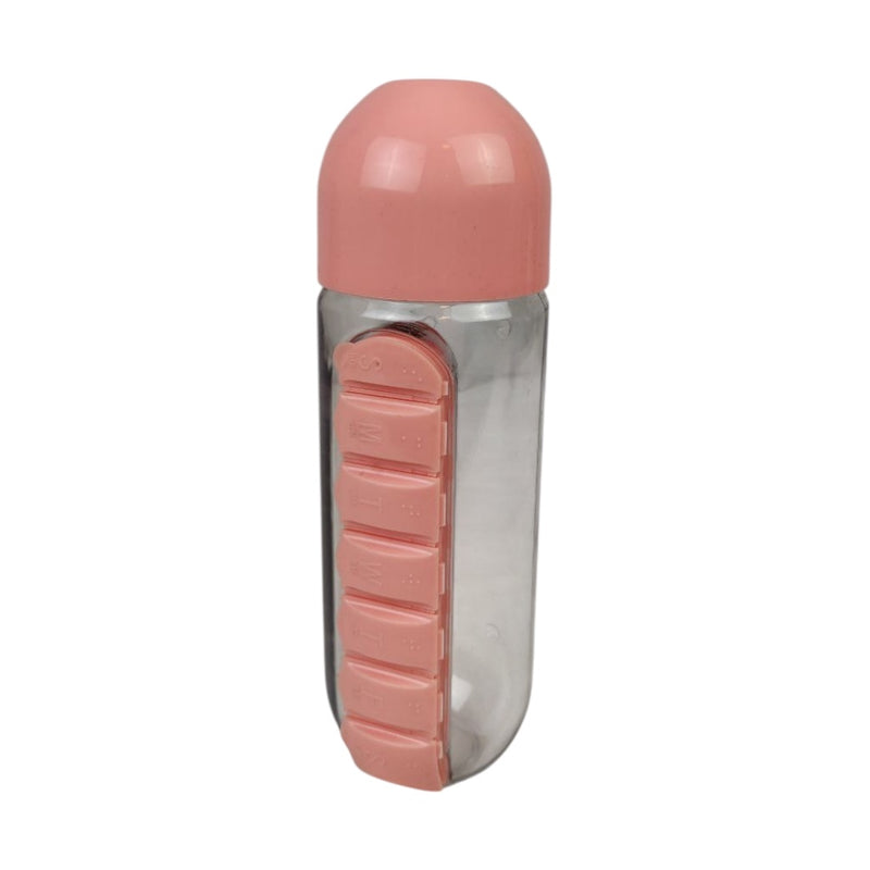 Clear bottle with pink cap and pink compartments on a white background
