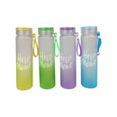 Four gradient water bottles with 'Hello Master' text and colorful lids on a white background.
