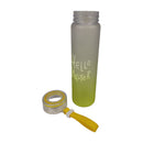 Clear water bottle with 'Hello Master' text and yellow leash on a white background