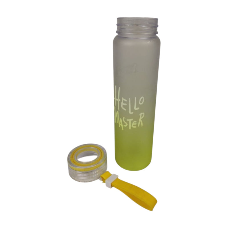 Clear water bottle with 'Hello Master' text and yellow leash on a white background