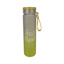 Yellow water bottle with 'Hello Master' text on a white background