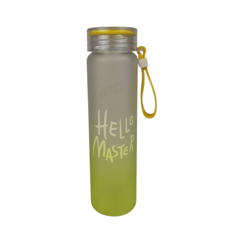 Yellow water bottle with 'Hello Master' text on a white background