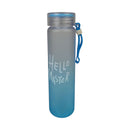 Blue water bottle with 'Hello Master' text on a white background