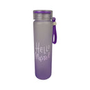 Purple water bottle with 'Hello Master' text on a white background