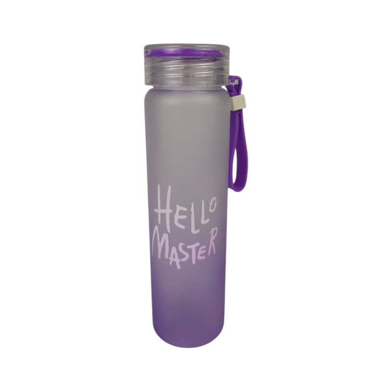 Purple water bottle with 'Hello Master' text on a white background