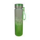 Green water bottle with 'Hello Master' text on a white background