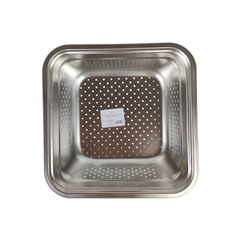 Stainless steel colander with perforated design on a white background available at cupindy.com
