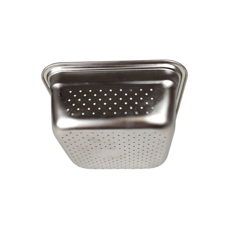 Stainless steel strainer basket on a white background available at cupindy.com