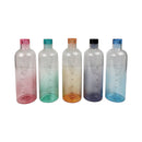Five gradient-colored water bottles with colored lids on a white background