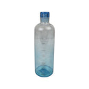 Clear water bottle with blue cap and measurement markings on a white background