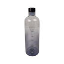 Clear water bottle with black cap and measurement markings on a white background