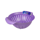Purple colander with a brand label on a white background