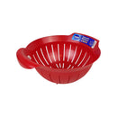 Red colander with a blue label on a white background