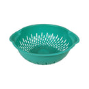 Green plastic colander on a white background