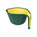 Green and yellow measuring cup on a white background