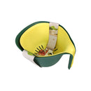 Yellow and green baby seat with cartoon design on a white background