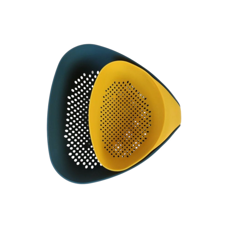 Triangular grater with yellow and black perforated design on a white background