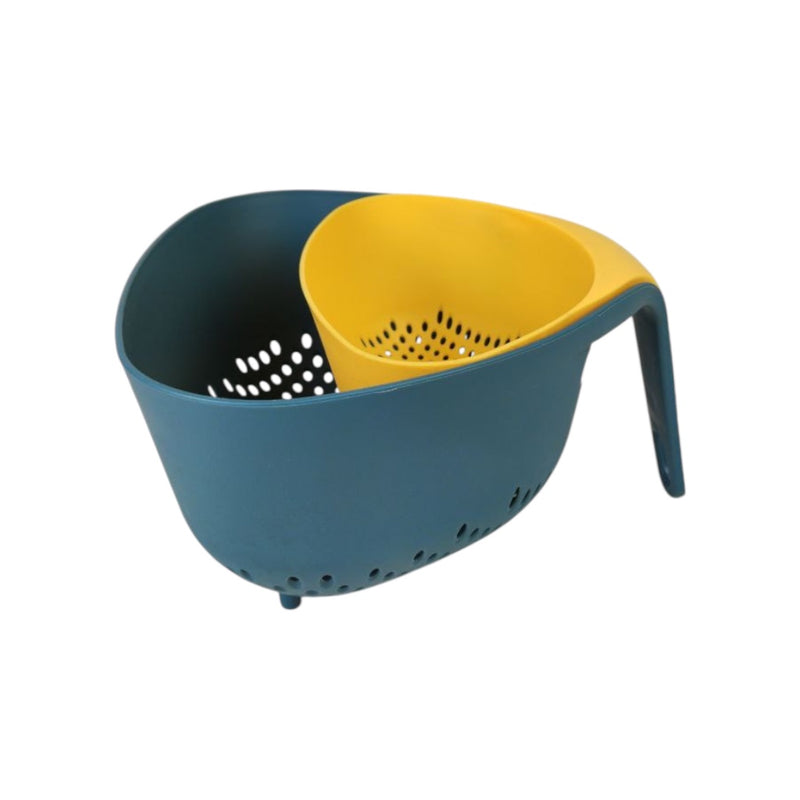 Two-toned blue and yellow colander on a white background