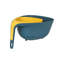 Blue and yellow colander on a white background