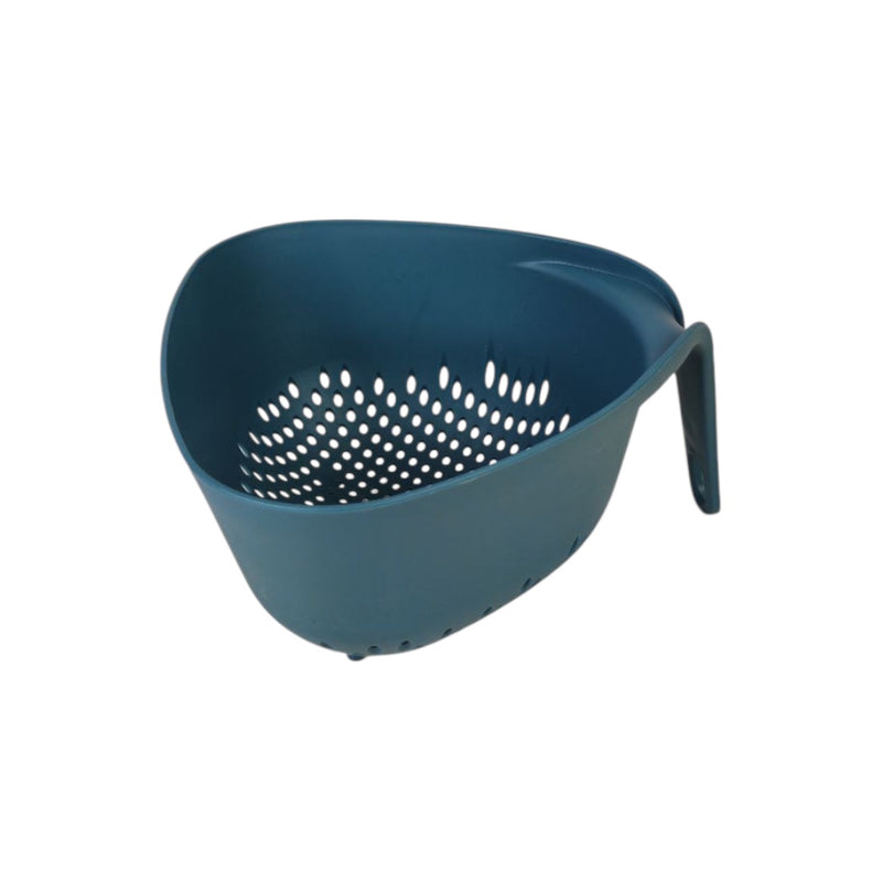 Blue plastic colander on a white background