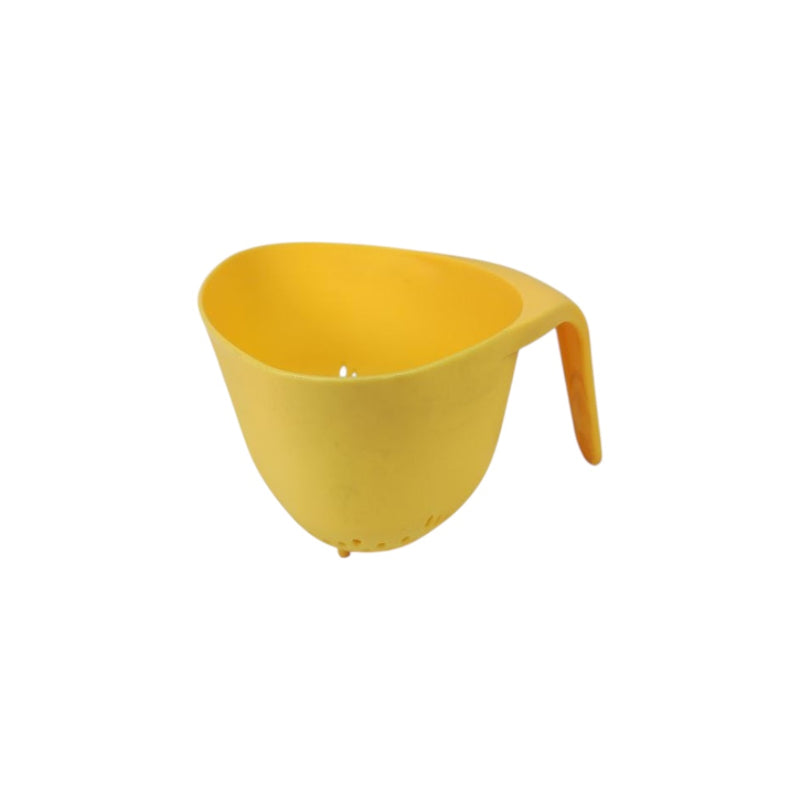 Yellow plastic cup with a handle on a white background
