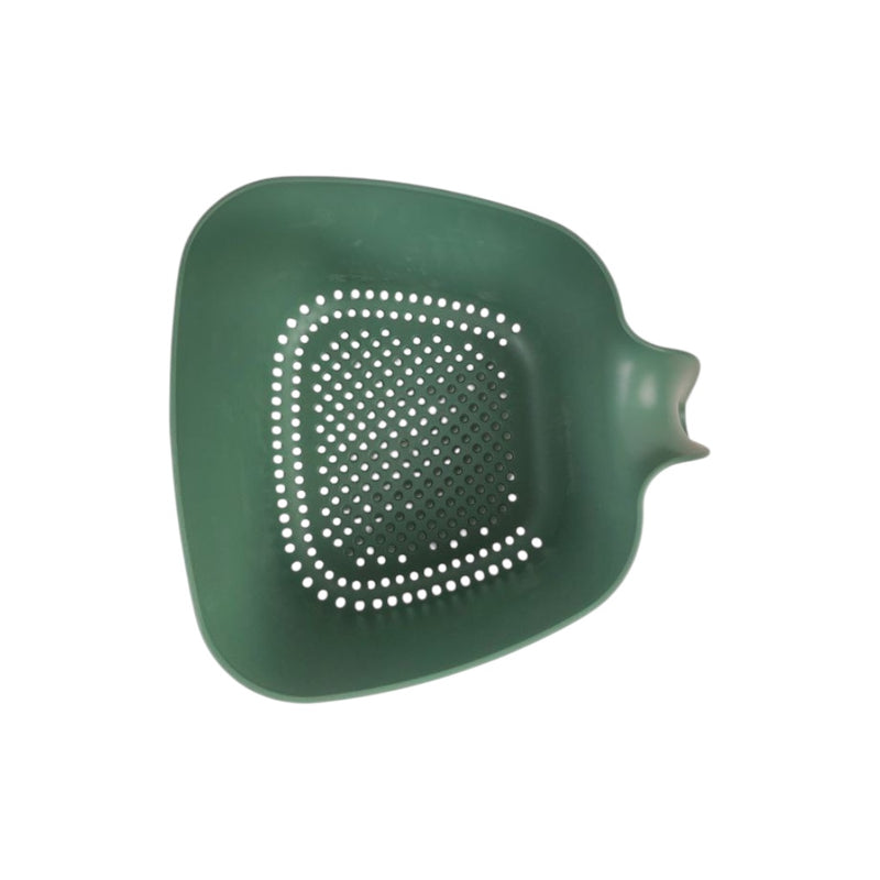 Green colander with a unique design on a white background