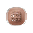 Pink pet carrier with a white interior on a white background