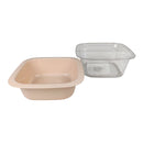 Beige plastic basin and clear lid on a white background