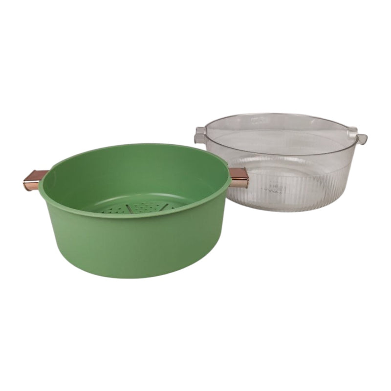 Green colander and clear plastic strainer on a white background