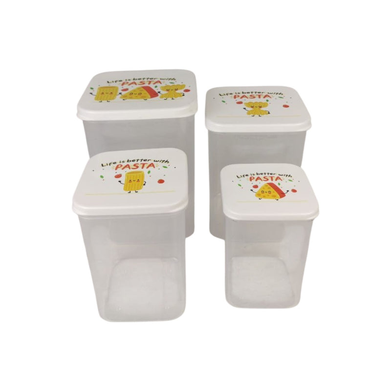 Set of four white pasta storage containers with cartoon design on lids.