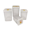 Set of four white storage containers with printed labels on a white background