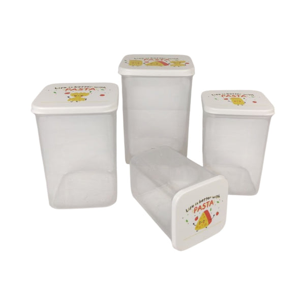 Set of four white storage containers with printed labels on a white background