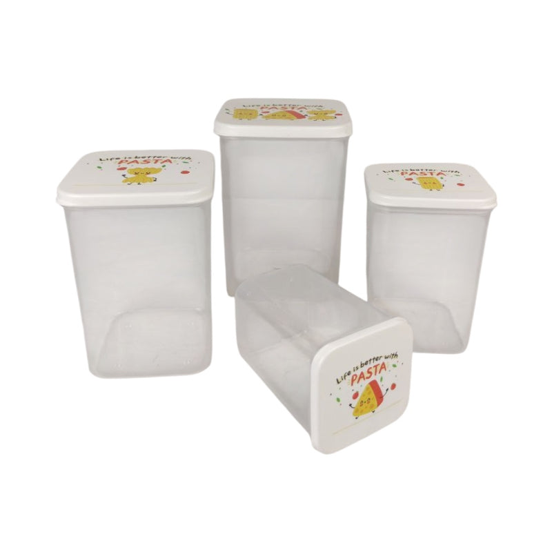 Set of four white storage containers with printed labels on a white background
