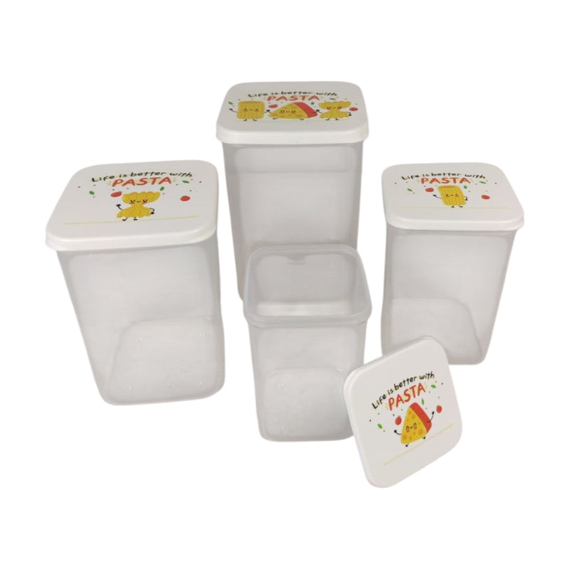Set of four white storage containers with 'Life is better with Pasta' text and cartoon designs on lids.