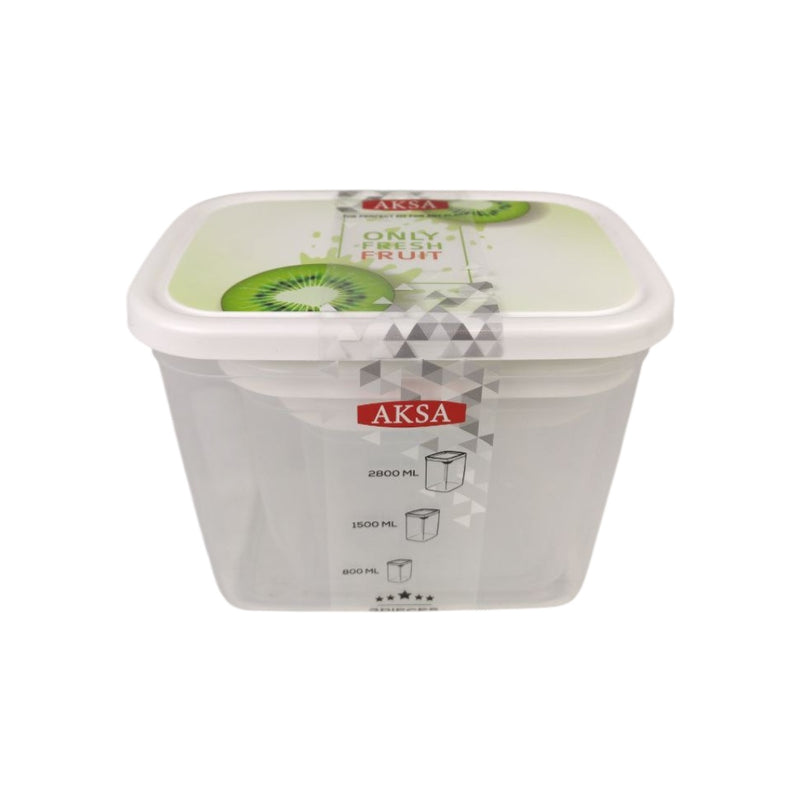 Transparent container with a white lid featuring 'AKSA' branding on a white background